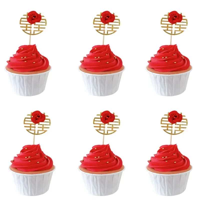 Chinese Style Love Wedding Acrylic Cake Toppers Valentine's Day Cupcake Topper for Wedding Valentine's Day Party Cake Decoration