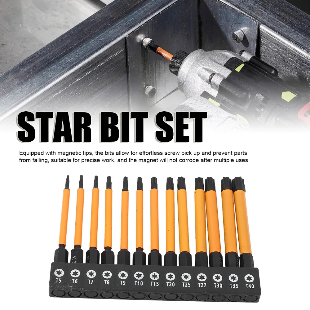 13pcs S2 Alloy Steel Star Bits Set 1/4 Inch Hex Shank Magnetic Tips Torx Head Bit Set CNC Machined 75mm Length Hex Shank Bit Set