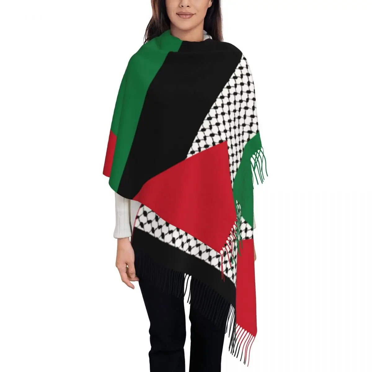 Palestine Flag Scarf for Womens  Pashmina Shawl Wrap Palestinian Hatta Kufiya Keffiyeh  Large Scarves with Tassel Daily Wear