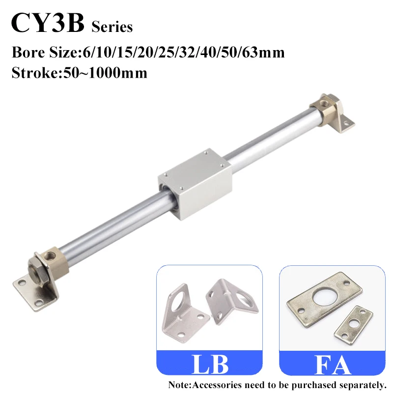 CY3B6 CY3B10 15 20 CY3B32 40mm Bore Basic Type Pneumatic Air Magnetically Coupled Rodless Cylinder With Rubber Bumper