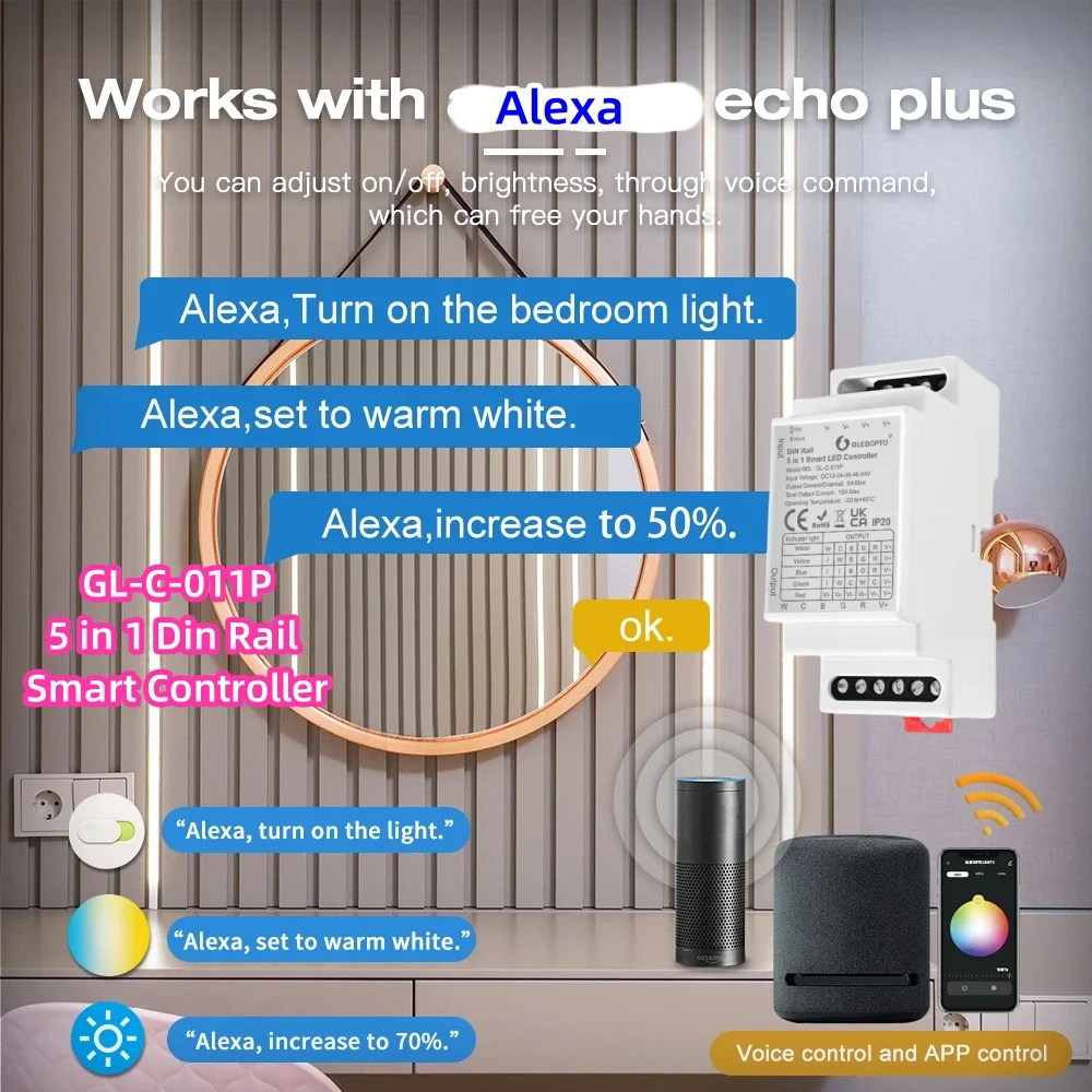 Zigbee 3.0 GL-C-011P 5 in 1 Din Rail RGBCCT/RGBW/RGB/WWCW CCT/Dimmer DC12-54V LED Strip Controller Alexa Tuya Conbee Zigbee2mqtt