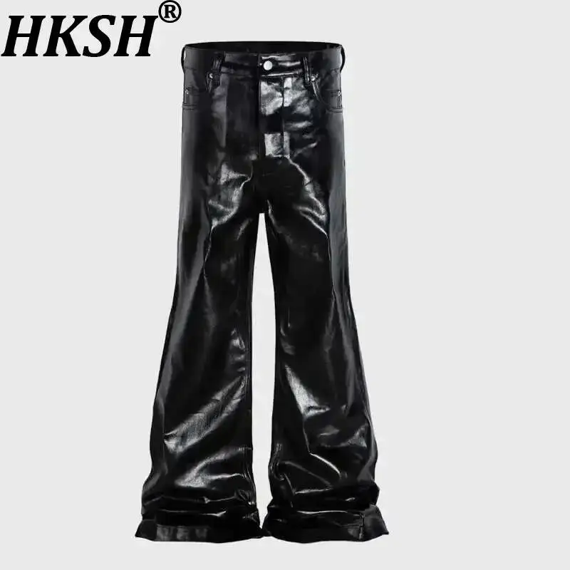 

HKSH Men's High Street Denim Pants Vintage Dark Y2K Baggy Wide Leg Trend Coated Glossy Lacquer Leather Micro Flared Jeans HK1421