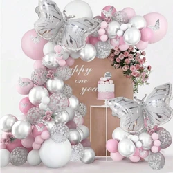 130-Piece Wedding Theme Balloon Set, Macaron Pink Balloons, 3D Silver Butterfly Wall Stickers, Balloon Garland, Wedding, Birthday, Bridal Shower, Decoration, Photo Shoot