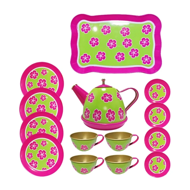 Juego de té de Metal para niñas, utensilios de cocina de juguete, accesorios, tazas, platos, bandeja para niños pequeños, 14 piezas