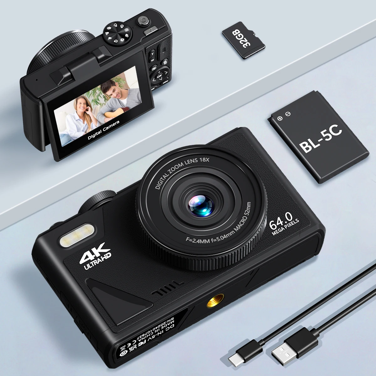 4K Digital Camera for Photography 64MP WiFi Video Camera for YouTube 18X Digital Zoom Auto-focus Vlog Cameras with Flip Screen