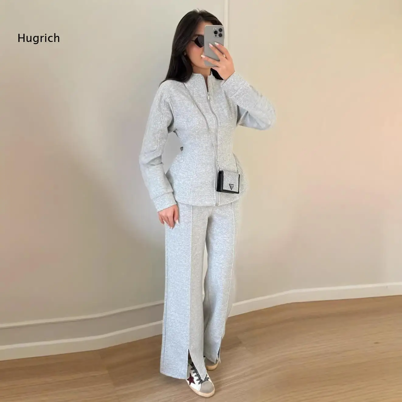 Women Two Piece Tracksuit Stand Collar Zip Up Peplum Jacket And Split Hem Wide Leg Pants Casual Sports Co Ord Set