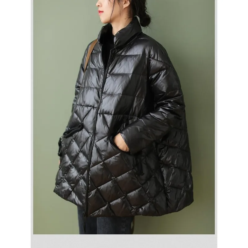 Outono inverno feminino casaco de algodão padrão diamante bloco cor engrossado forro de lã simples confortável casual magro