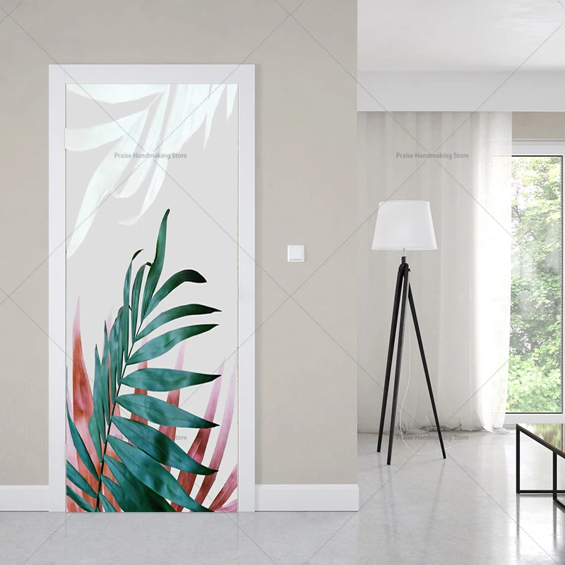 3D Tropical Plant Door Sticker, PVC Waterproof Self-Adhesive Paper, Living Room Decoration, Corridor Mural, Vinyl