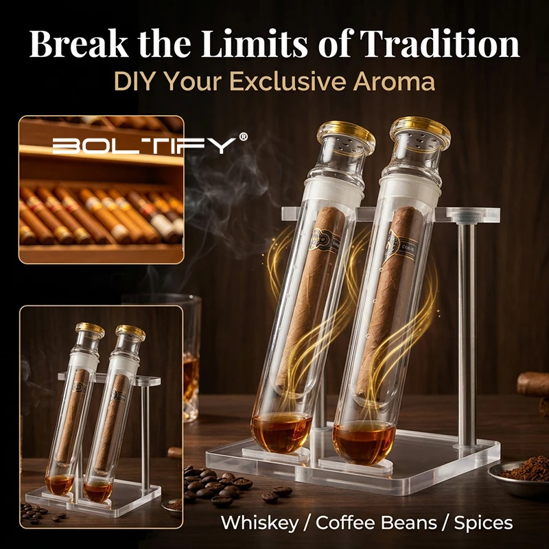 BOLTIFY For Cigars Lovers Enthusiasts Clear Infuser Glass Tube Kit With Humidifier Acrylic Base, Aromatherapy Display Rack