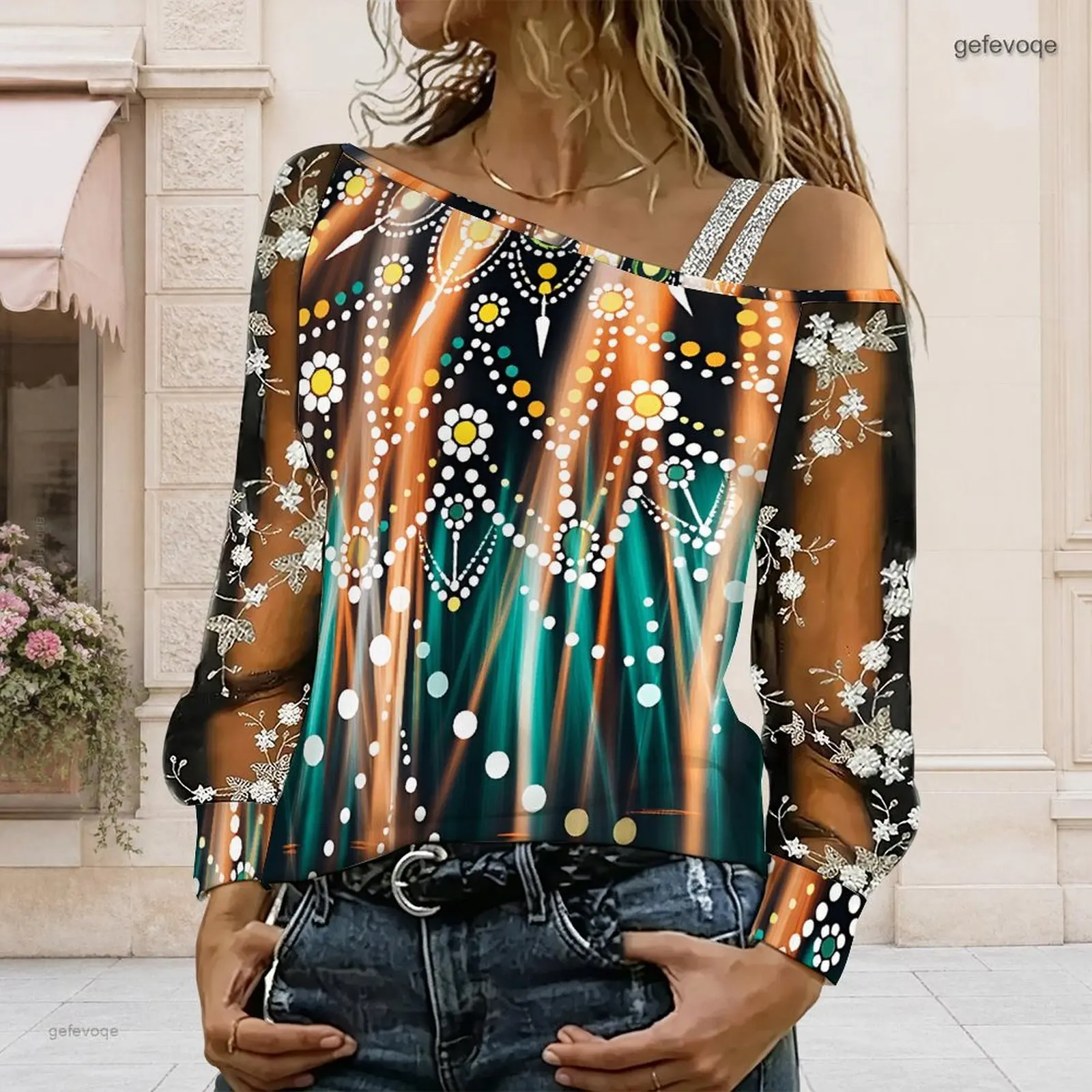 Women Off Shoulder Blouse Asymmetric One Shoulder Top Lace Floral Mesh Long Sleeve Sling Detail Loose Casual T Shirt