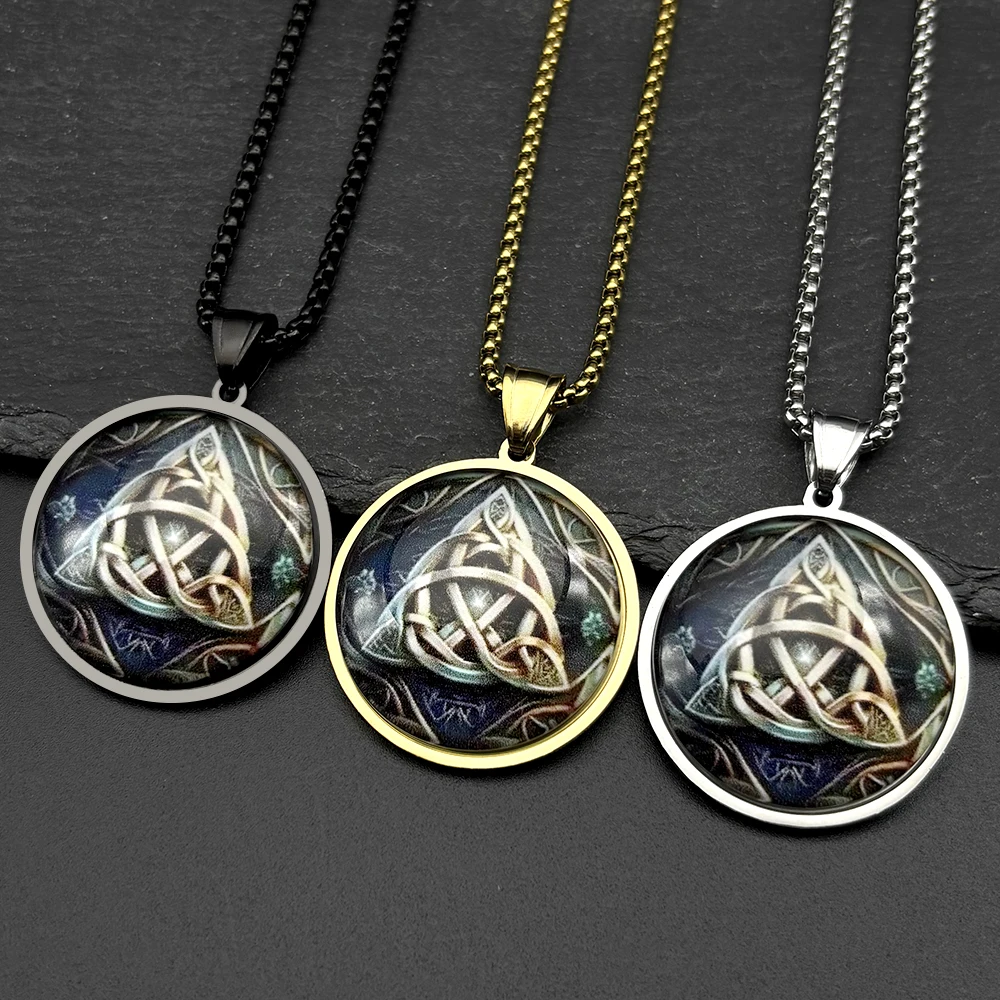 Witchcraft Witch Celtic Knot Triquetra Glass Medal Pendant Necklace for Women Men Stainless Steel Gold Color Amulet Jewelry Gift