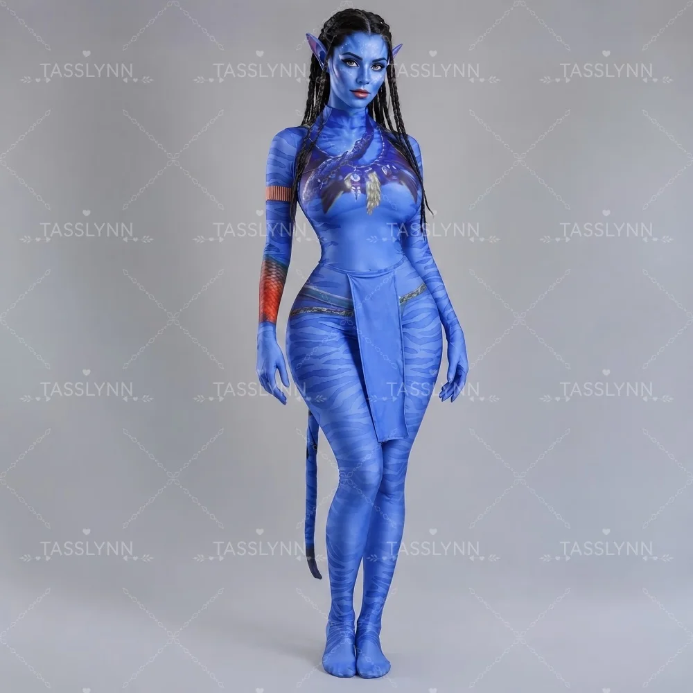 Neytiri Cosplay Zentai Bodysuit Blue Skin Texture Full Body Jumpsuit with Tail for Women Halloween Neytiri Zentai Suit view 4