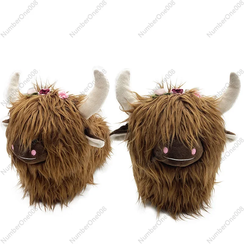 Spot Hot Sale Highland Cow Slippers Hairpin Scottish Yak Plush Winter Cotton Shoes