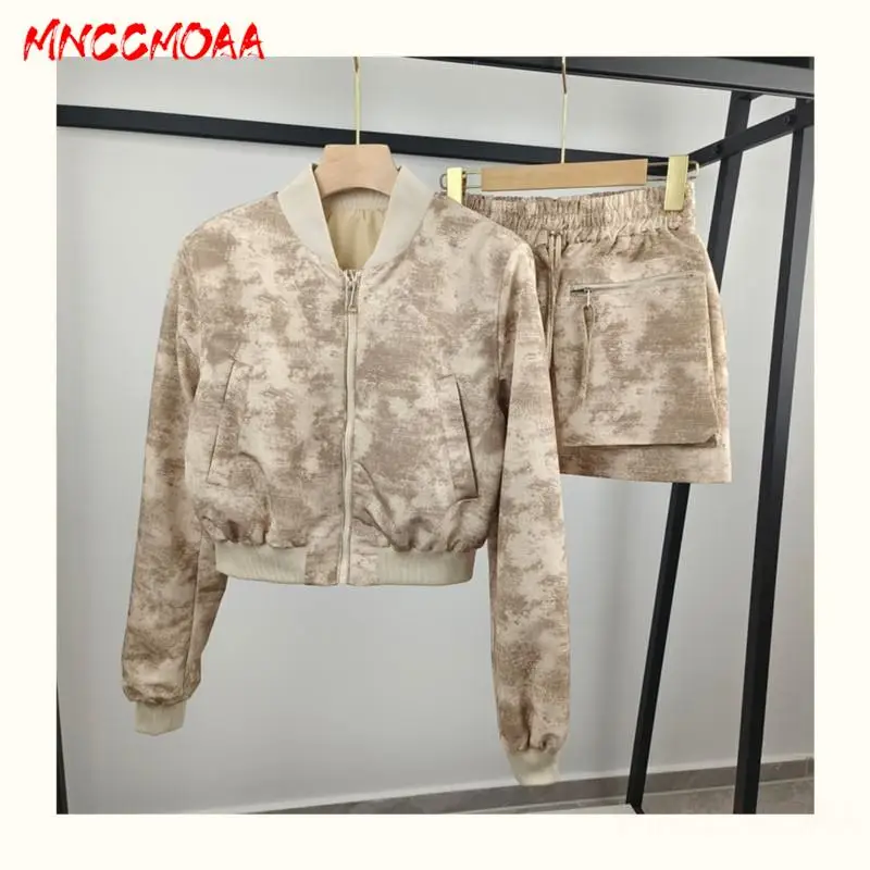 

MNCCMOAA-Long Sleeve Printing Jacket for Women, Casual Zipper Skirts Set, Loose Coat, Female Fashion, Autumn, 2024