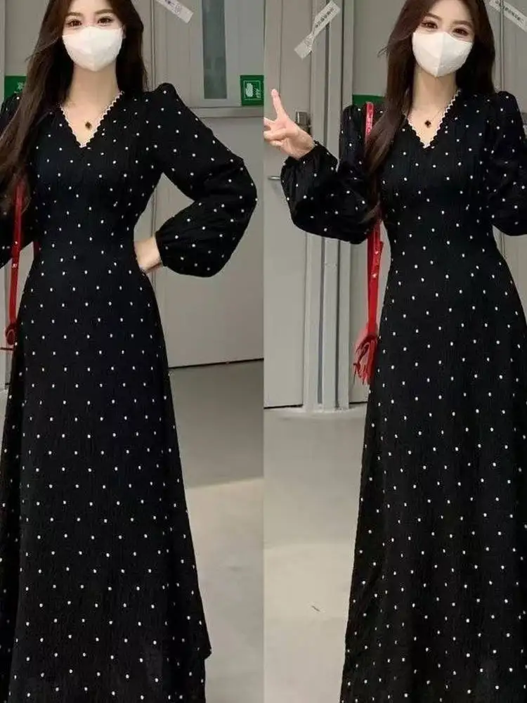 

Early Autumn New Retro Polka Dot Dr Women's High Waist Slim Long Sve V-ne Long Dr Faionable Ele Sle