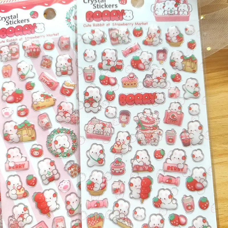 4 قطع من ملصقات الديكور الكرتونية للأطفال على شكل أرنب الفراولة الوردية اللطيفة من إيبوكسي كريستال - متجر عوالم الرسوم المتحركة اللامع المثالي