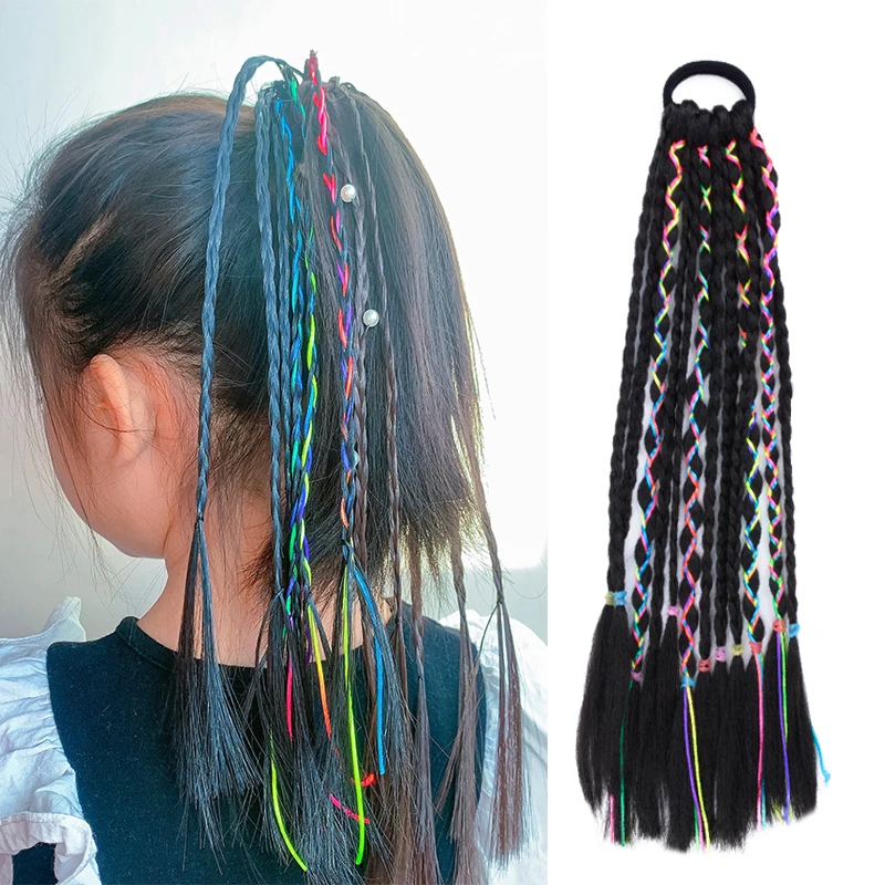 Girls Rainbow Color Elastic Bands Baided Hair Ponytail Rope Rubber Accessories for Kids Synthetic Colored Box Braid Headdress