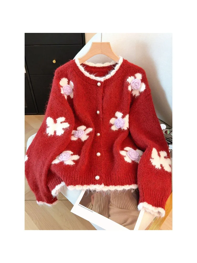 Elegant Heavy Embroidery Sweater Cardigan Women's Autumn Winter Sweet Soft Knitted Outerwear Floral Pattern Polyester Fiber