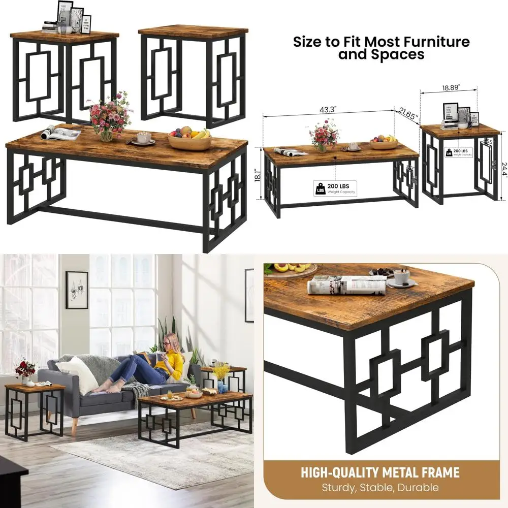 Modern Vintage Dark Brown Coffee and End Table Set for Living Room, 3-Piece Rectangle Furniture