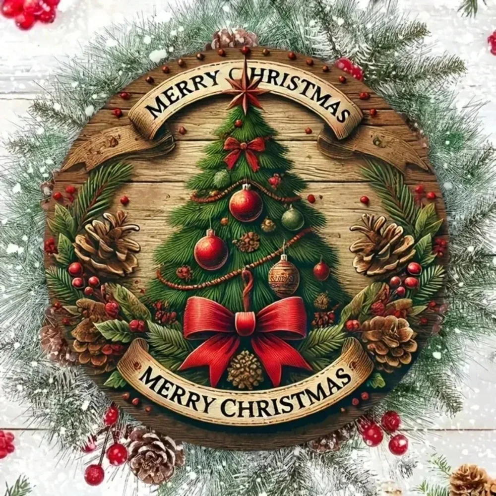 Weihnachtsdekor-Marke, Vintage-Weihnachtsbaum-Schild mit Folien-Gravur aus Eisen – rundes Metallschild für festliche Feiertage im Bauernhaus