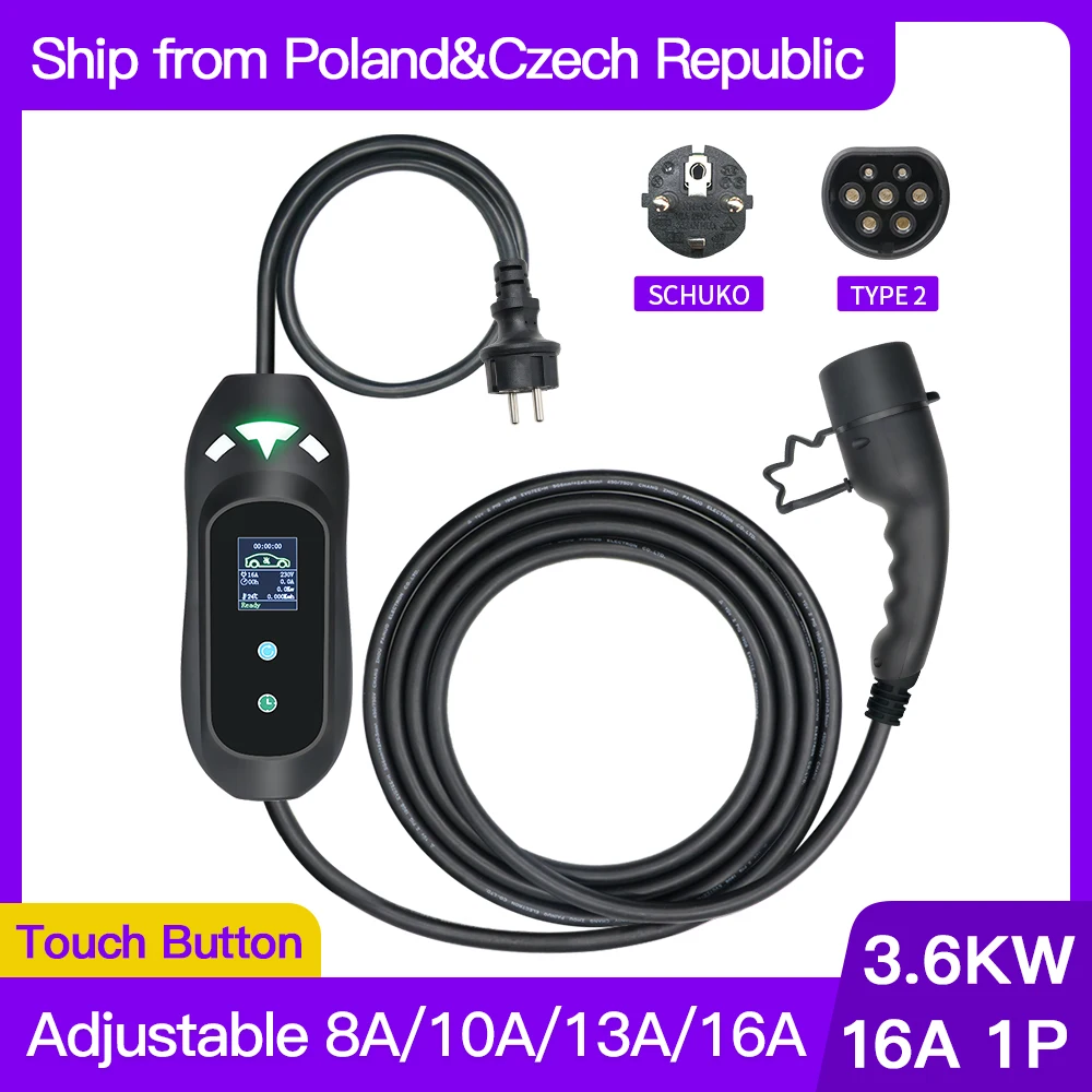 

Portable EV Charger Type2 IEC62196-2 16A EVSE Charging Cable Type1 SAE J1772 EU Plug Controller Wallbox for Electric Car