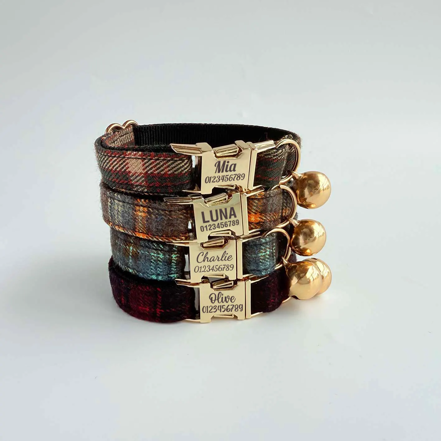 Personalized Pet name Elegant Tweed Check Cat Collar-Detachable Bell with Pearl Charm