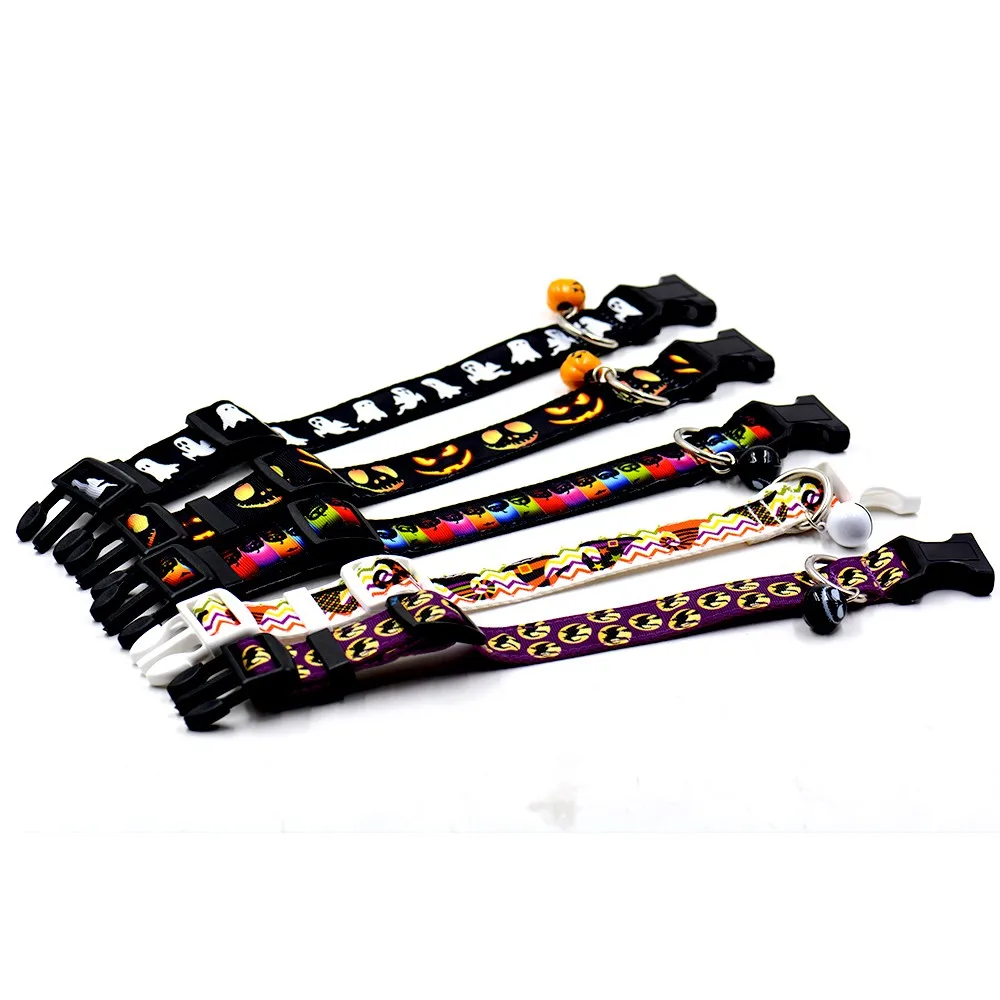 Pet Dog Halloween Collar and Leash Pumpkin Skull Collar with Bell Adjustable Puppy Doggy Collar and Leash