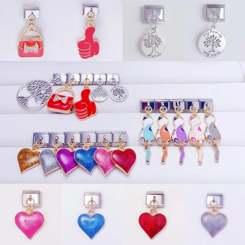 

Lovely Cat Shiny Colour Love Heart Tree of Life Italian Charm Links Fit 9mm Stainless Steel Bracelet DIY Women Making Jewelry