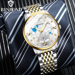 BINBOND B0117 Fashion Business Quartz Men Watches Luminous Stainless Steel Strap 50M Waterproof Classics Date Dial Men Watches