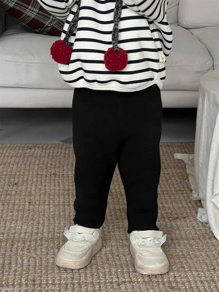 2024 Winter New Baby Plus Velvet Thick Sweatshirt Set Boys Girls Striped Bottoming Shirt + Pants 2pcs Suit Infant Fleece Outfits image 4