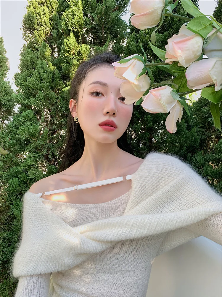 CHEERART Mohair White Off The Shoulder Knit Top 2022 Fashion Korean Fashion Ladies Knot Pullovers Knitted Designer Sweater