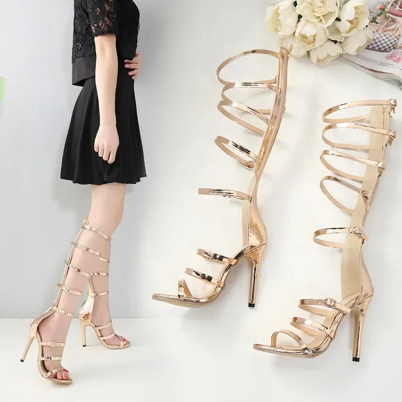 Summer New Women Gladiator Thin High-heeled Sandals Sexy Peep-toe Belt Buckles Hollow Rear Zipp Keen-high Modern Shoes Golden