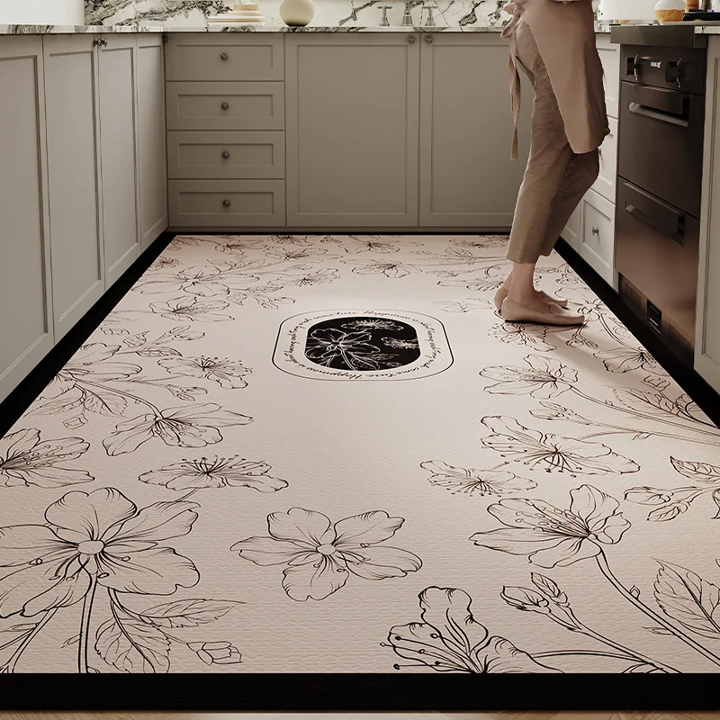 Vintage Retro Non Slip Oil Proof Waterproof Leather Kitchen Floor Mat Wipeable Wash Free Large Area Full Coverage Rug
