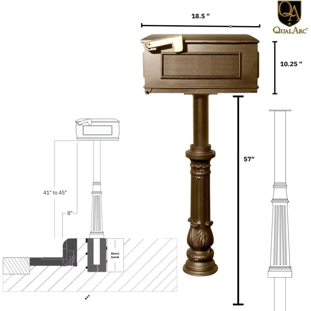 The Hanford Rust Free Cast Aluminum Lewiston Mailbox and Post with Fluted Base, Ships in 2 Boxes, 19.75