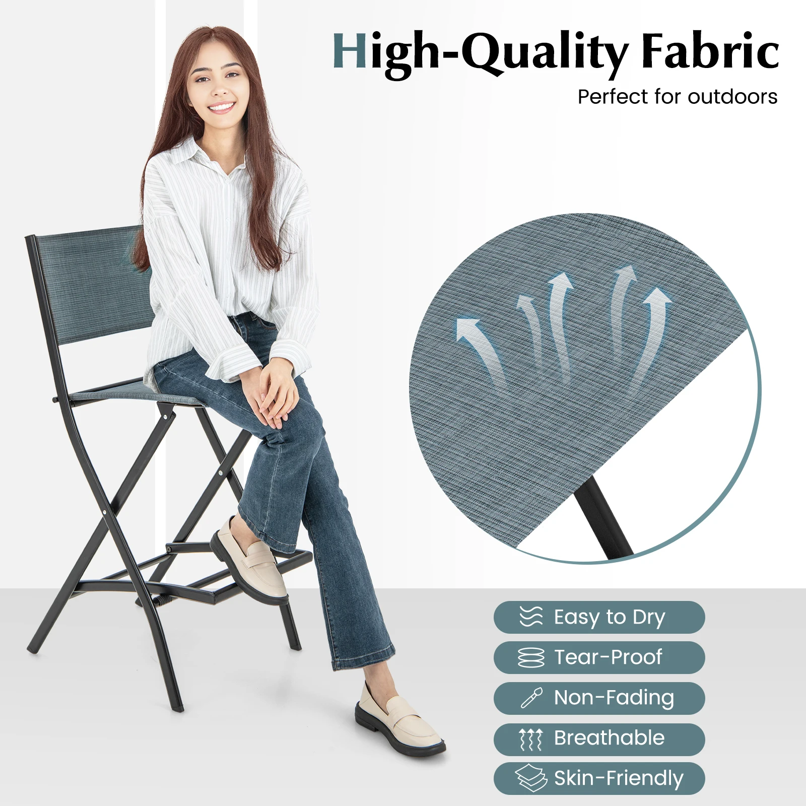 Set of 2 Outdoor Bar Stools, Folding Bar Chairs with Backrest and Footrest, Counter Stools up to 150 kg, Seat Height 71 cm