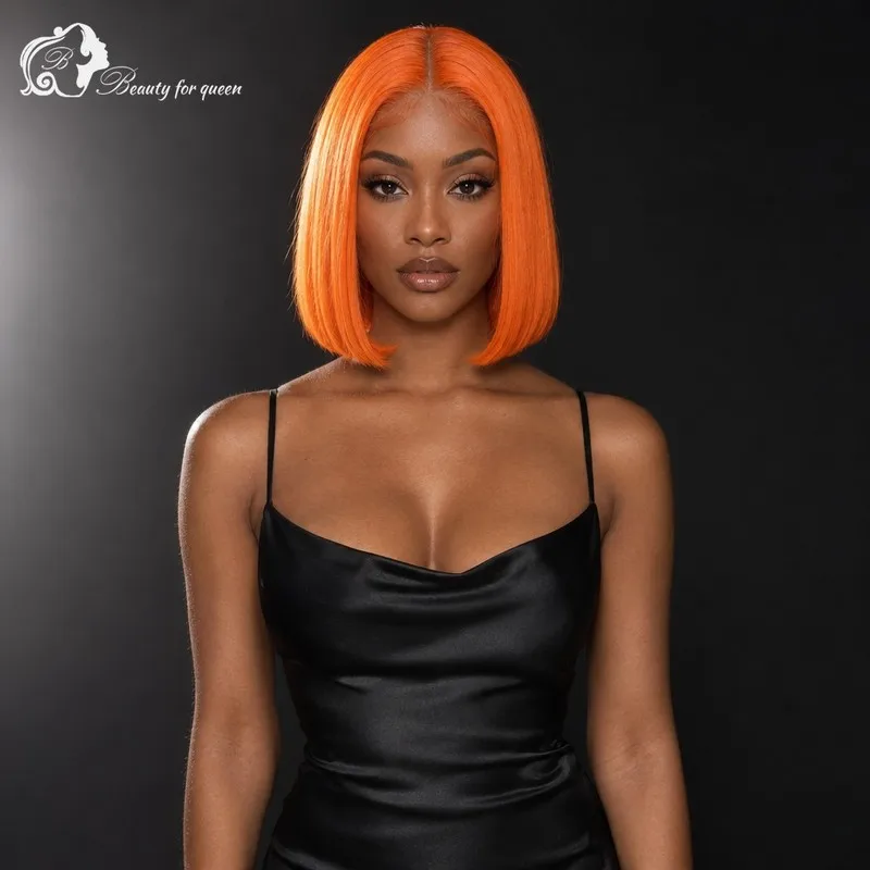 Flawless Tangerine Straight Lace Front Wig Bob Fluffy Hot Luxe Middle Part Shiny Lustrous Ready To Wear Party Transparent