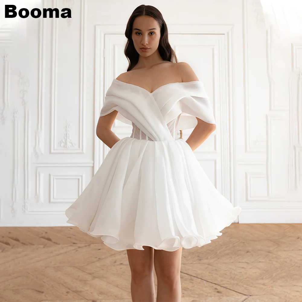 

Booma A-Line Short Wedding Party Dresses Off Shoulder Pleats Organza Brides Party Gowns for Women Lace Up Prom Cocktail Dresses