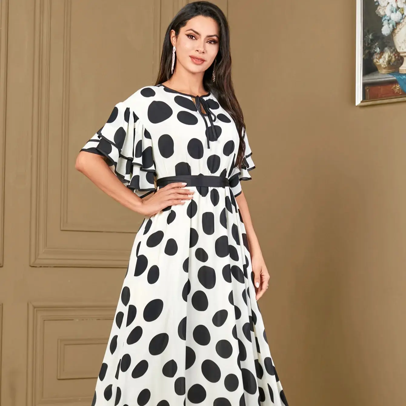 

Polka Dot Ruffles Sleeve Long Dress Belt For Arab Woman A-line Muslim Moroccan Elegant Casual Abayas robe femme musulmane 4050