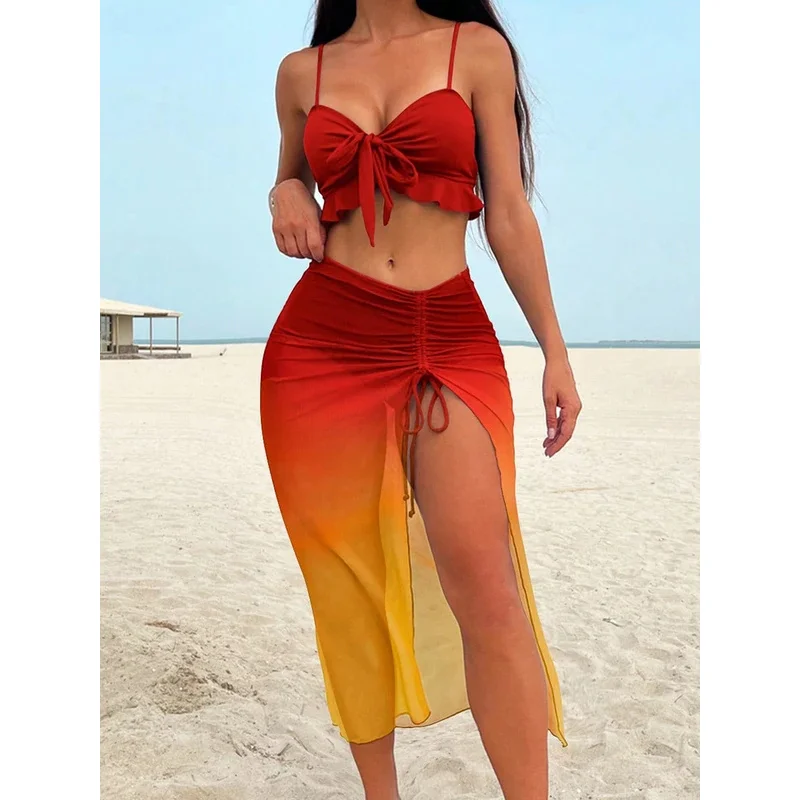

3 Pieces Tie Dye Knot Front Bikinis 2026 Women Ruffle Swimwear Female High Waist Swimsuit & Drawstring Beach Skirt Bathing Suit