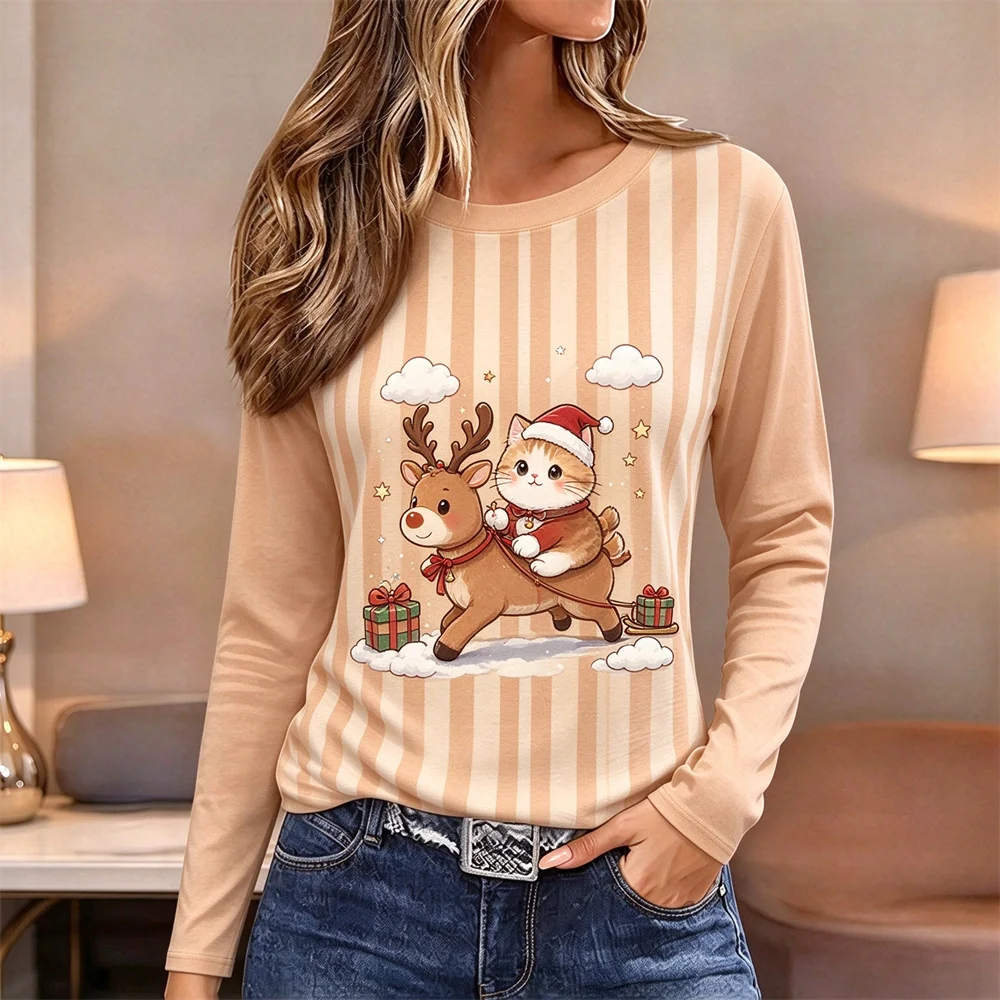 Women Christmas Long Sleeve T-Shirt Cute Cartoon Plaid Stitching Tee Round Neck Women T-shirt Tops Autumn Winter Xmas Party Gift