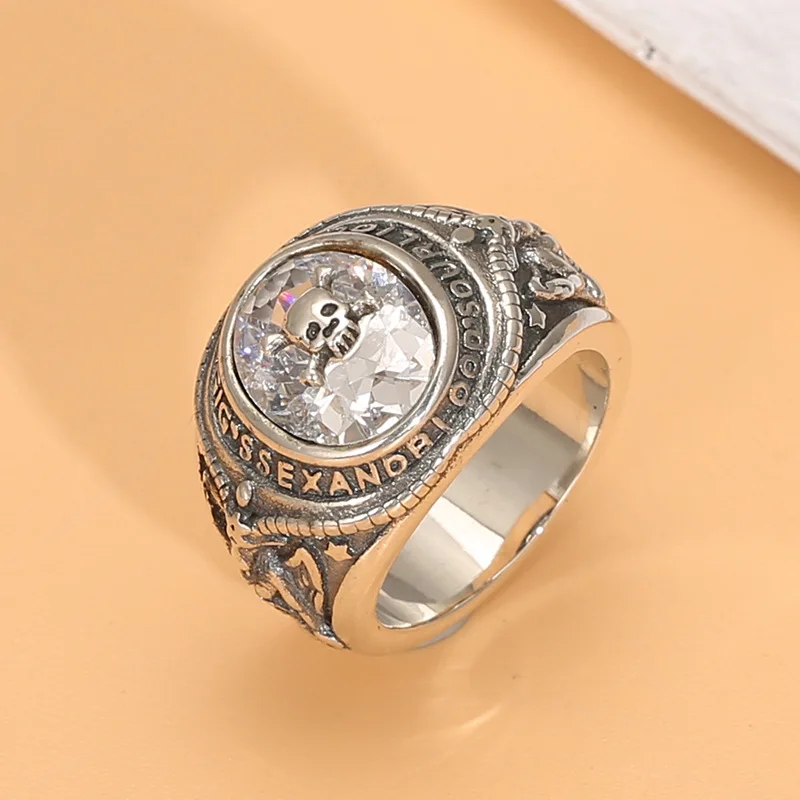 Vintage Thai Silver Spider White zircon personality men's ring Korean style S925 sterling silver fashion skull ring