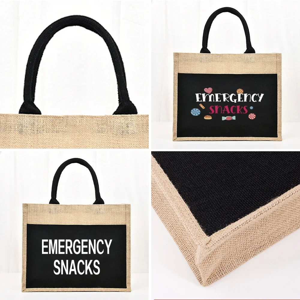 Tote Bag Reusable Jute Shopping Bag Large Capacity  Linen Grocery Bags Snack Series Beach Vintage Imitation Sacks Handbags