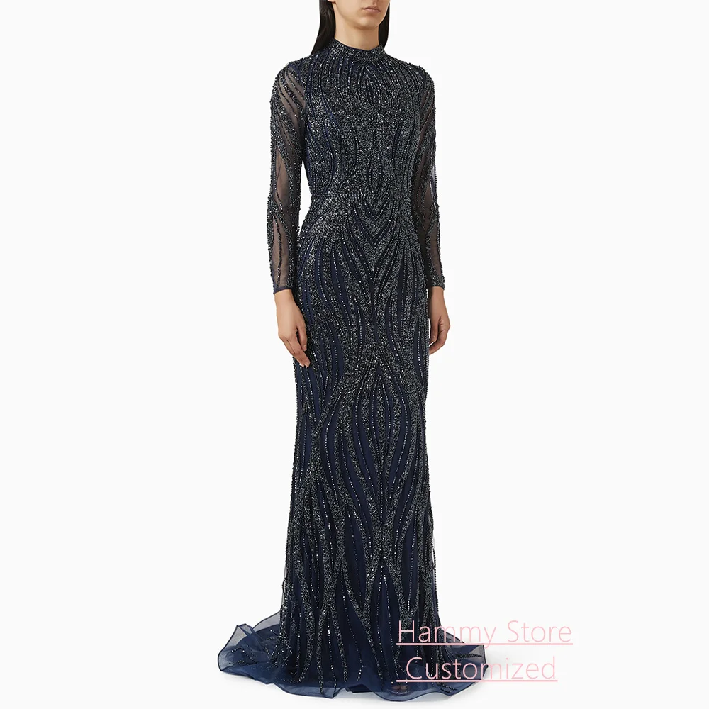 

Модное темно-синее платье-русалка для выпускного вечера, индивидуальный пошив, высокий воротник, длинные рукава, бисерная вышивка, жемчуг, шлейф, арабское вечернее платье для торжественных мероприятий