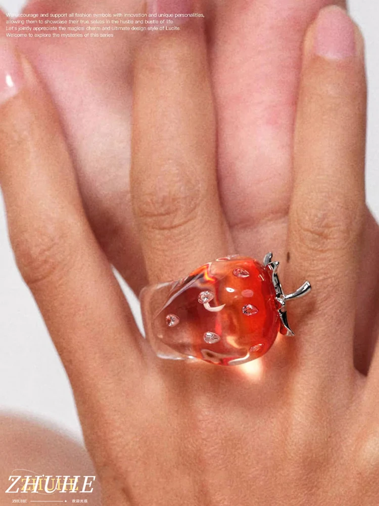 

ZHUHE The Gradient Transparent Strawberry Ring With A Sweet And Romantic Style Is A Perfect Jewelry Accessory For Women As A Par