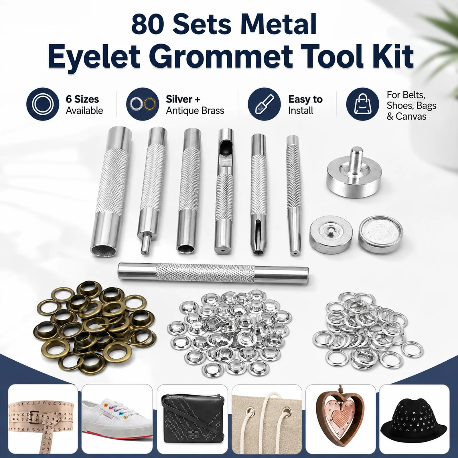 80sets Metal Eyelet Grommet Punch Installer Tool Set for Belt Clothes Canvas Curtains Shoes Tent 4mm 5mm 6mm 8mm 10mm 12mm