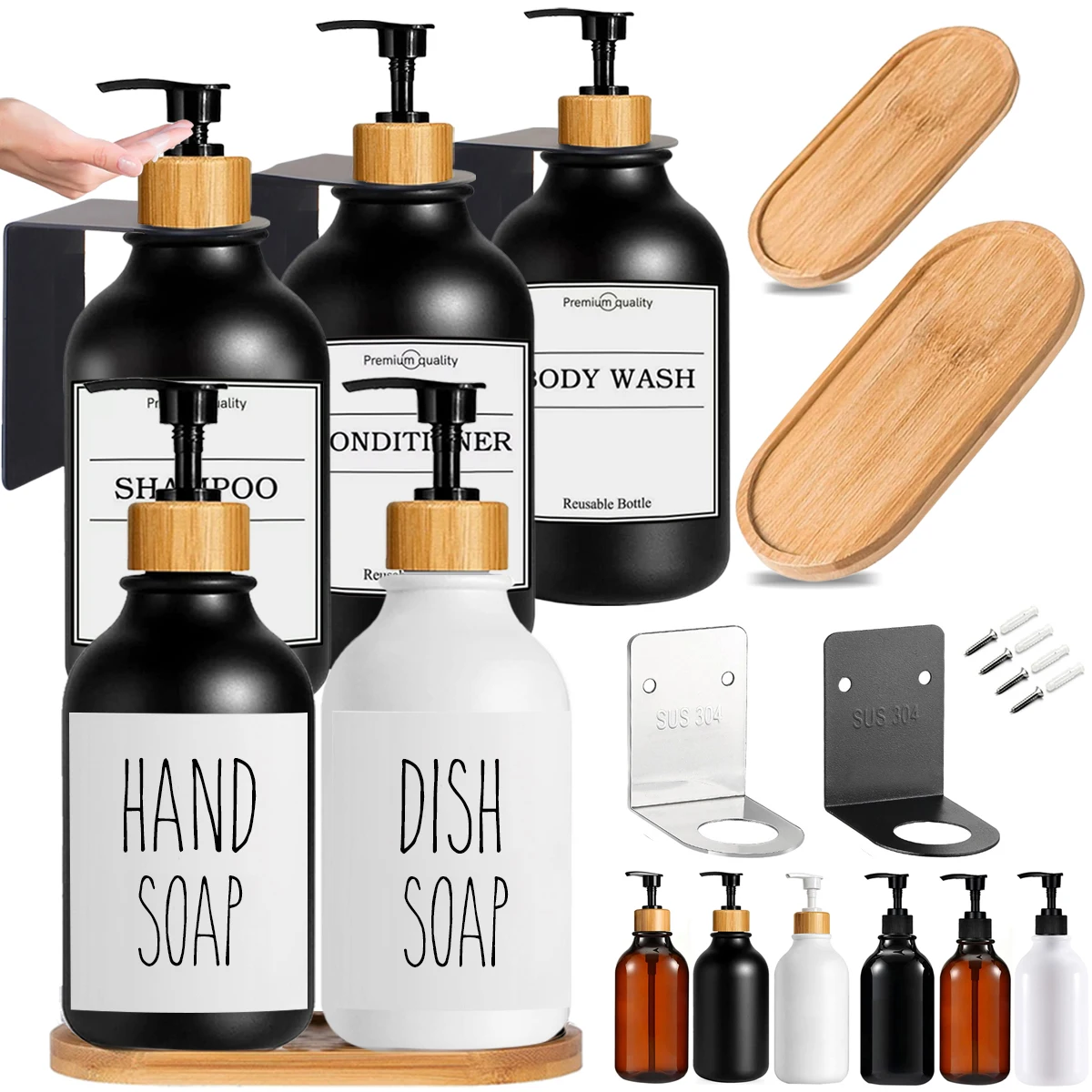 

Shower Soap Dispenser Wall Mounted Shampoo Bottle Refillable Pump Bottle with Labels Bathroom Shampoo Body Wash Dispenser