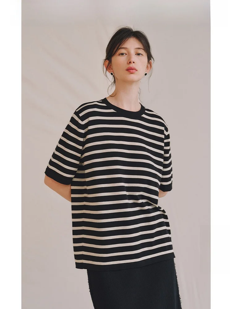 

Lp Travel Original Silk Linen Cotton Classic Artistic Striped Loose Casual round Ne T-irt Women Summer Faion Top