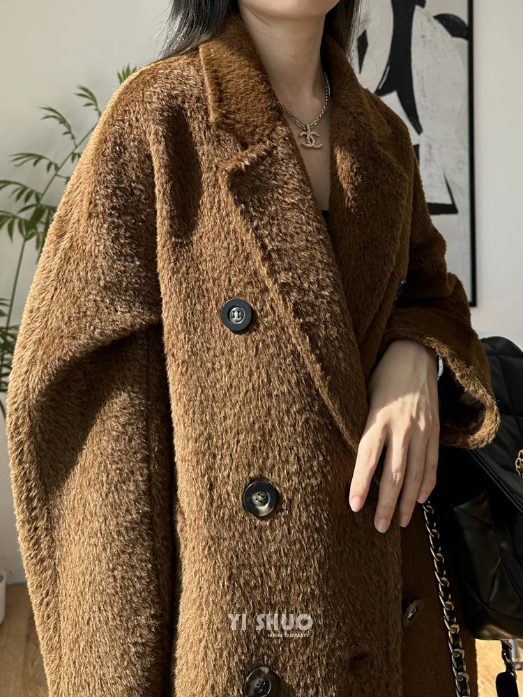 Casaco grosso de lã de alpaca feminino vintage, peito duplo, longo
