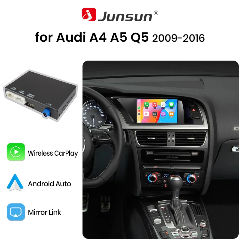 Adaptateur d'interface sans fil CarPlay Android Auto Junsun pour Audi A4 A4L B8 A5 Q5 S5 2009-2016 avec MMI 3G AirPlay Mirror Link Bluetooth Navigation GPS en ligne Prise en charge de la caméra arrière OEM