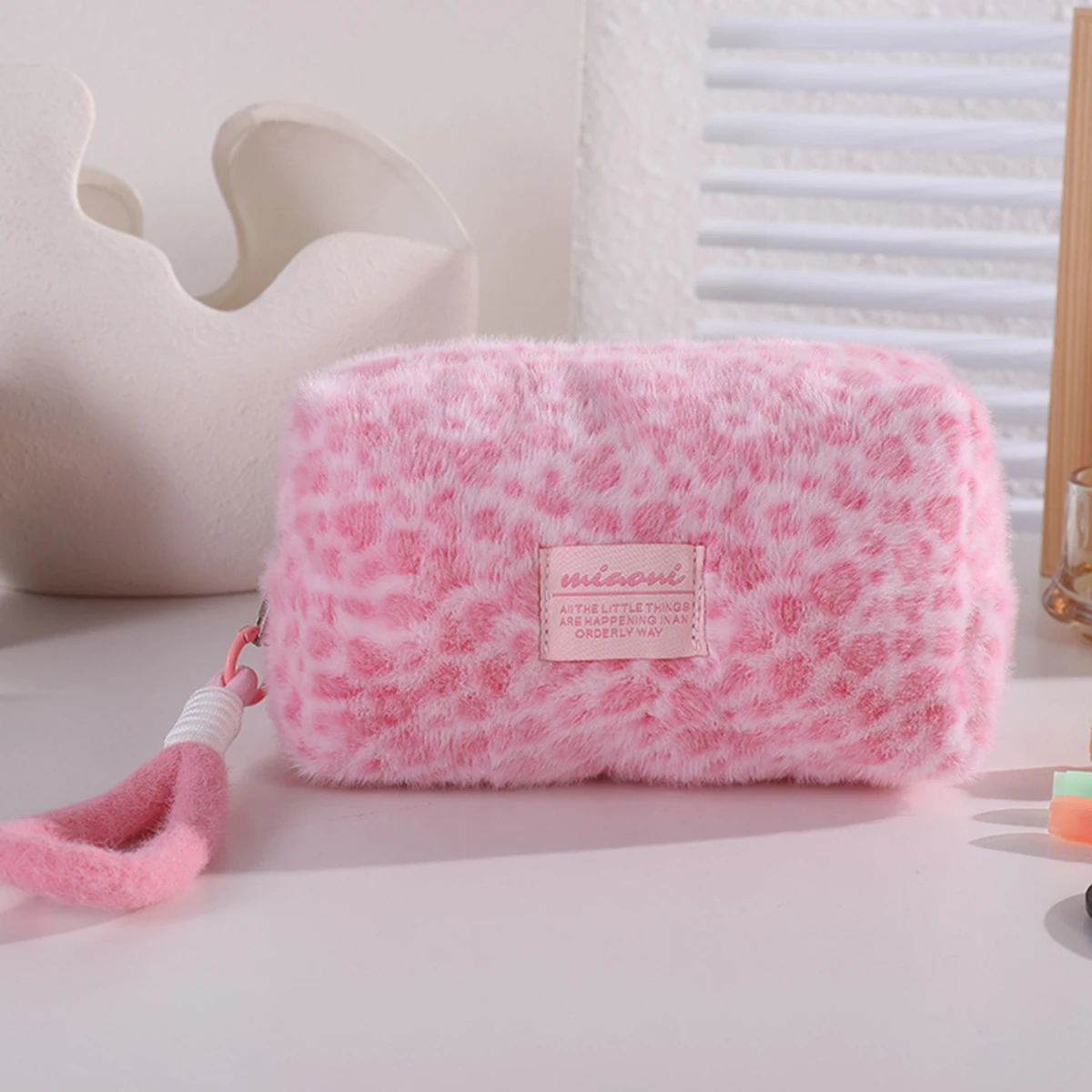 Soft Plush Leopard Print Wrist Strap Zipper Pencil Case Large Capacity Stationery Pouch For Teens Students School Travel Use